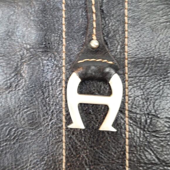 Etienne Aigner Large Black Leather White Stitch Tote Great Computer or Beach Bag - Picture 5 of 10